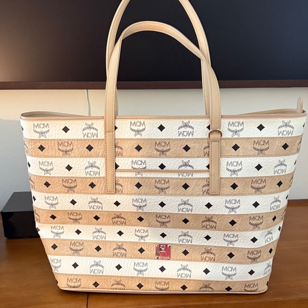 MCM Tan and White Striped Tote Bag
